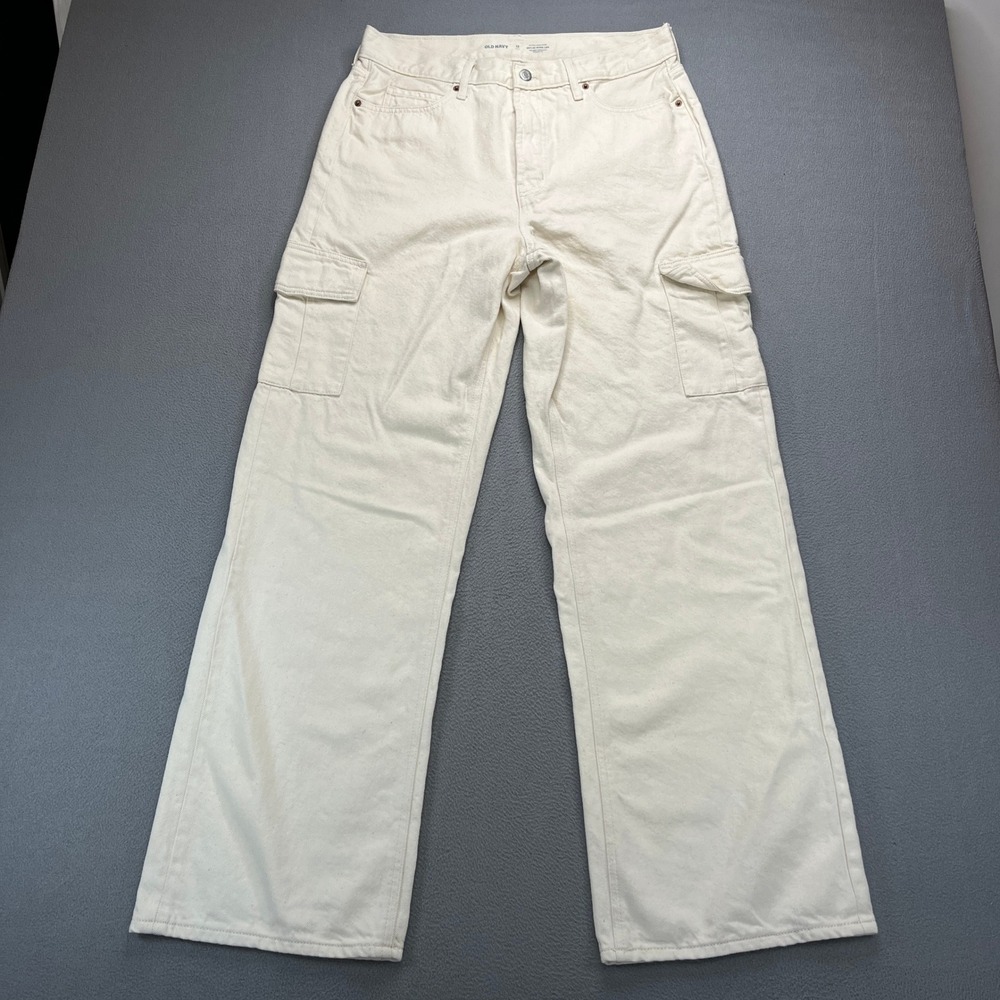 Old Navy Sky-Hi Drapey Cargo Pants Women 12 Tall Ecru Cotton Lyocell Wide Leg